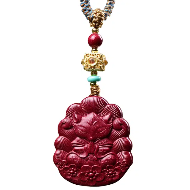 翠雅金楼 紫砂九尾狐凤九神狐 国潮复古新中式立体精雕招财转运#好运手工编绳国风 再造辰砂朱砂 项链 男女同款情侣款