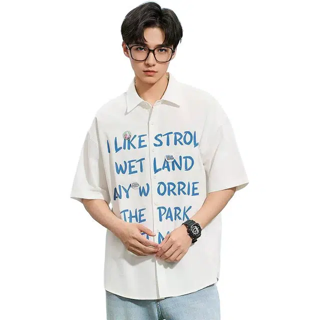 三福 字母图案休闲短袖翻领衬衫 男款