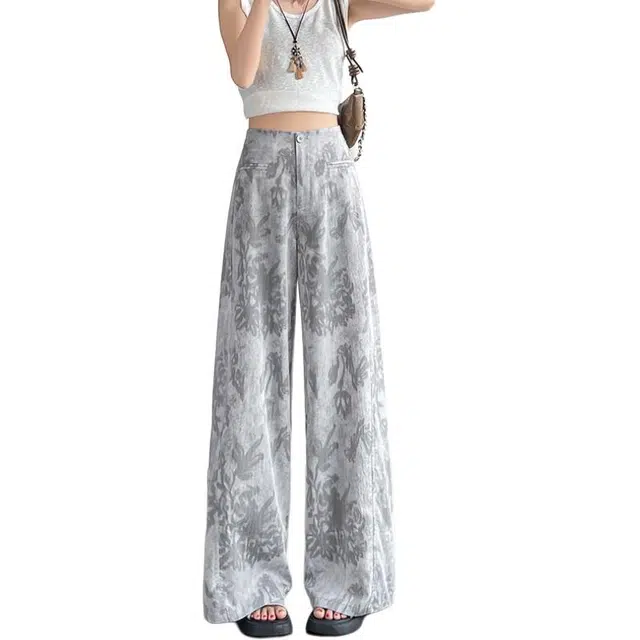 水中花 时尚潮流高腰显瘦印花阔腿透气舒适百搭垂感休闲裤 女款