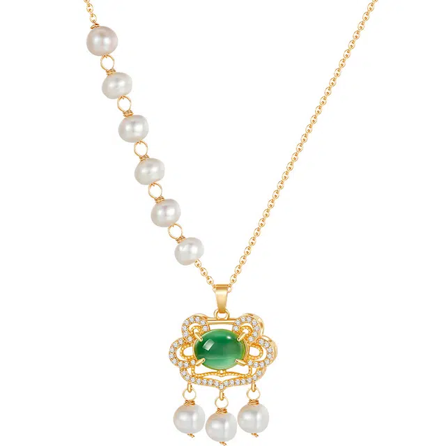 秦福炫 吉祥平安如意锁 新中式复古风国潮轻奢小众设计 琉璃 淡水珍珠 项链 女款 金色