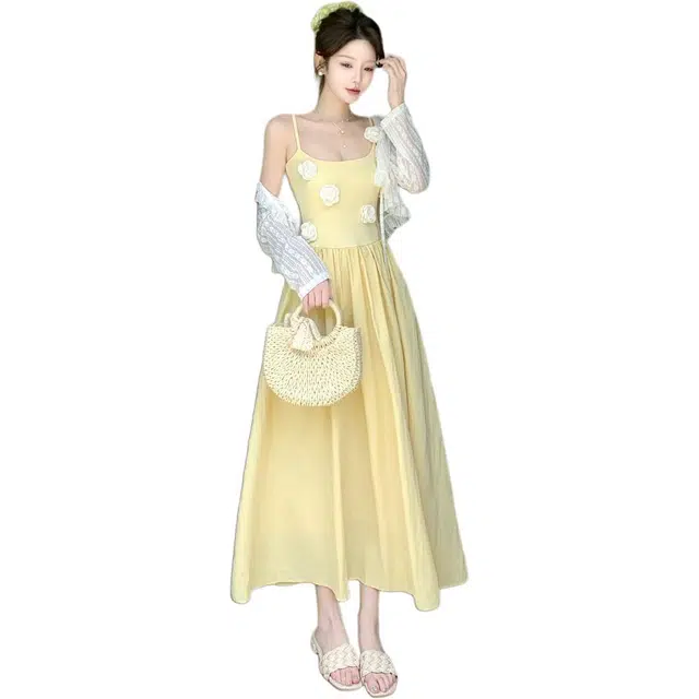 缪斯的诱惑 感立体花朵黄色吊带连衣裙女夏季收腰显瘦气质大码长裙裙装套装 女款