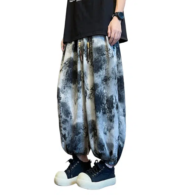 加荣 新中式冰丝垂感民族裤子男夏季薄款透气青少年户外出行通勤百搭扎染水墨画灯笼裤休闲裤宽松束脚松紧腰长裤 男女同款