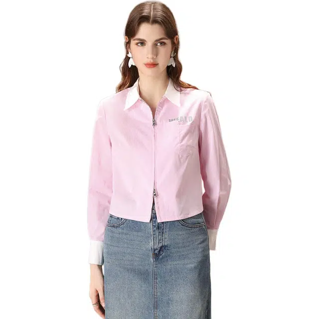 粉红玛琍 条纹气质拉链翻领短款长袖衬衫 女款 粉色