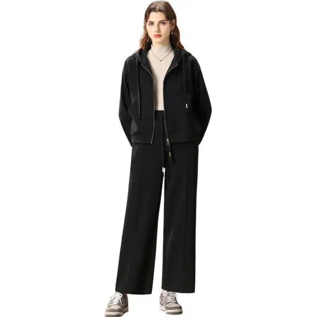 粉红玛琍 宽松连帽拉链长袖高腰长裤休闲套装 女款 黑色