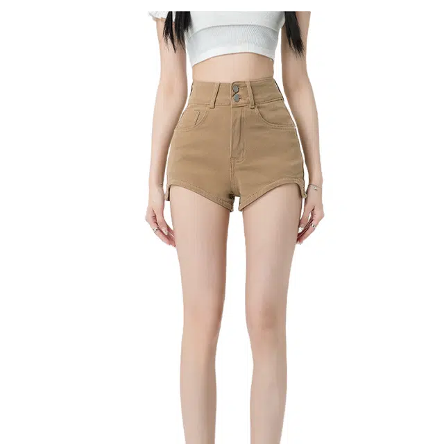 怪力萝莉 高腰舒适百搭牛仔短裤 女款 卡其色