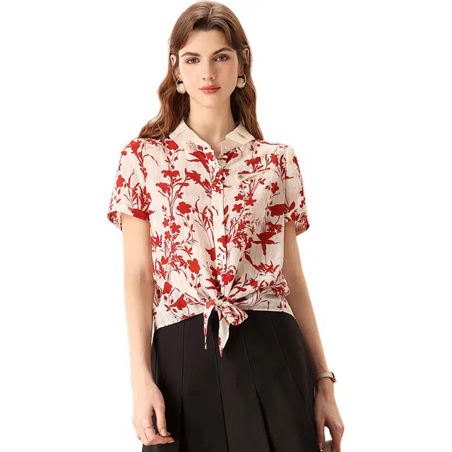 粉红玛琍 简约翻领薄款短袖衬衫 女款 红色