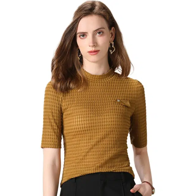 粉红玛琍 修身套头纯色圆领针织衫 女款 咖啡色