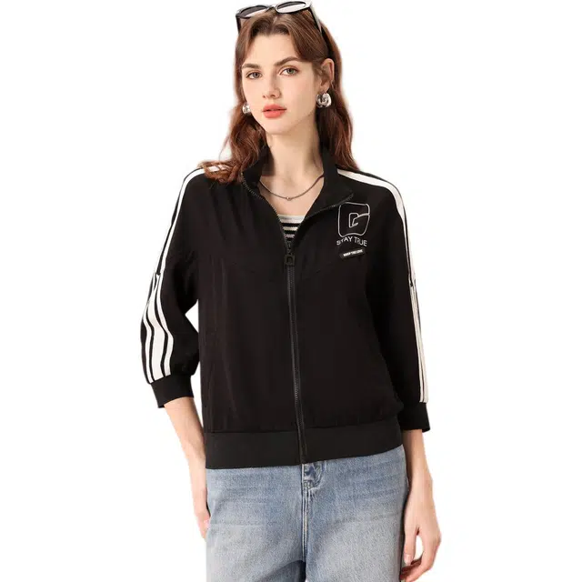 粉红玛琍 潮流宽松撞色拉链七分袖立领夹克外套 女款 星钻黑