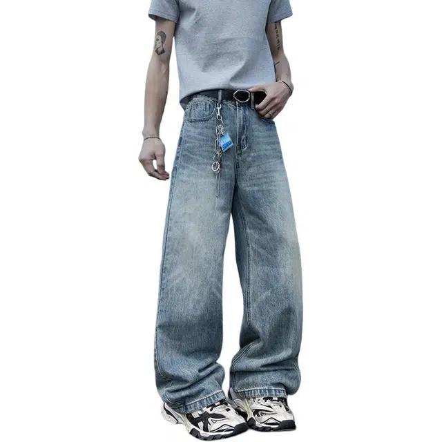 沃马 美式复古基础款时尚舒适休闲亲肤日常中腰宽松直筒拉链长裤牛仔裤 男女同款 蓝色