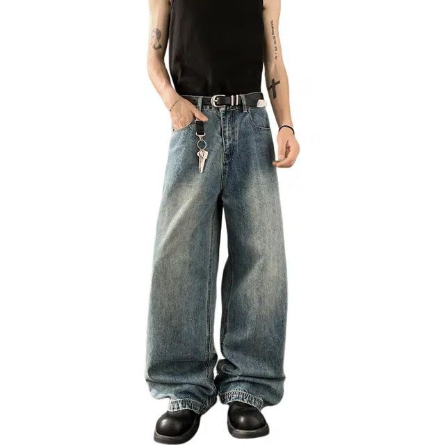 瑞梵帝斯 美式复古简约舒适亲肤高街中腰微喇通勤拉链休闲百搭耐磨水洗做旧阔腿牛仔裤 男款