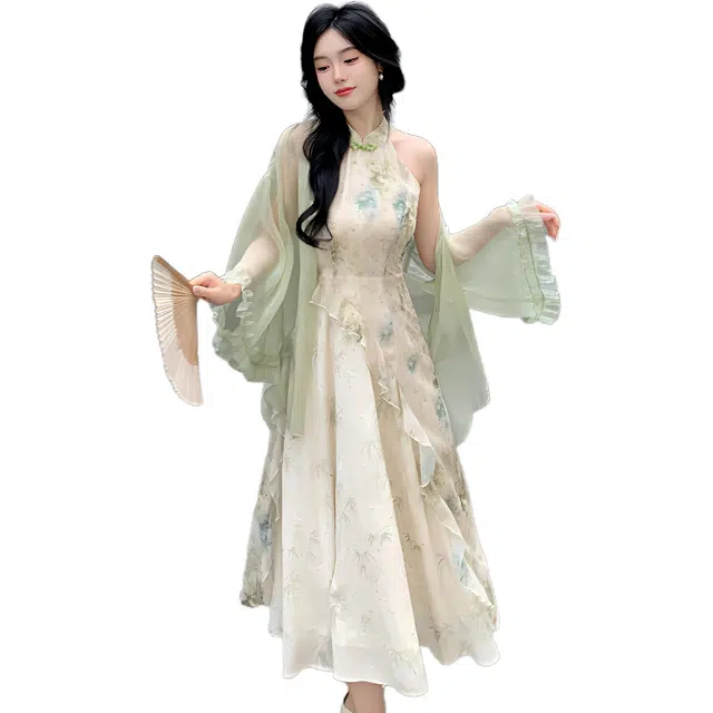 沐晓欣 气质婉约国风印花拼接不规则挂脖夏裙装套装 女款