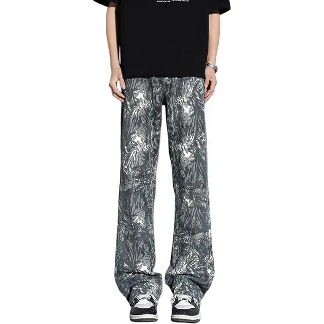 宝米卡 美式小众复古潮牌高街设计感满印直筒裤牛仔裤 男女同款