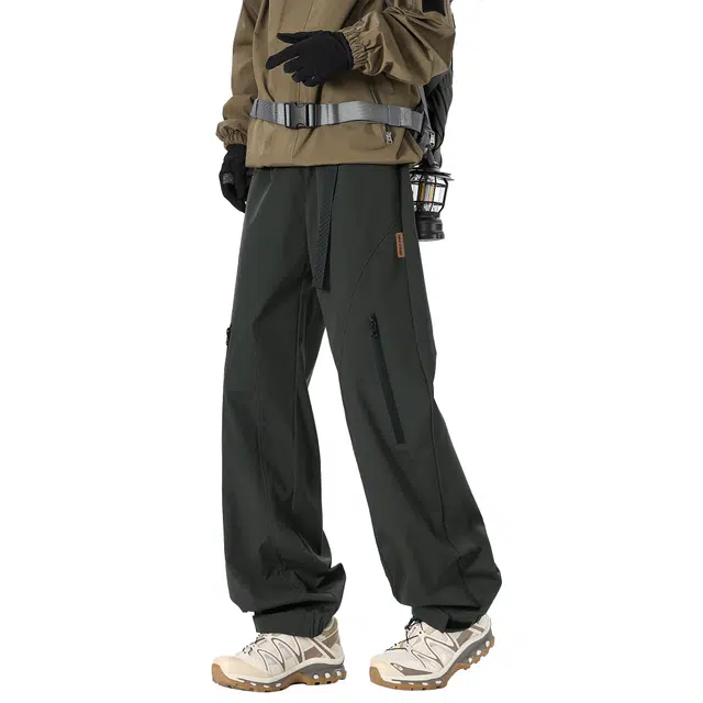 王者荣耀 美式复古拼接个性系带长裤宽松舒适透气户外徒步爬山运动时尚百搭直筒休闲裤 标语款 男女同款