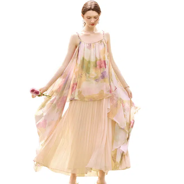 她池 海边度假印花压褶拼接吊带连衣裙 女款