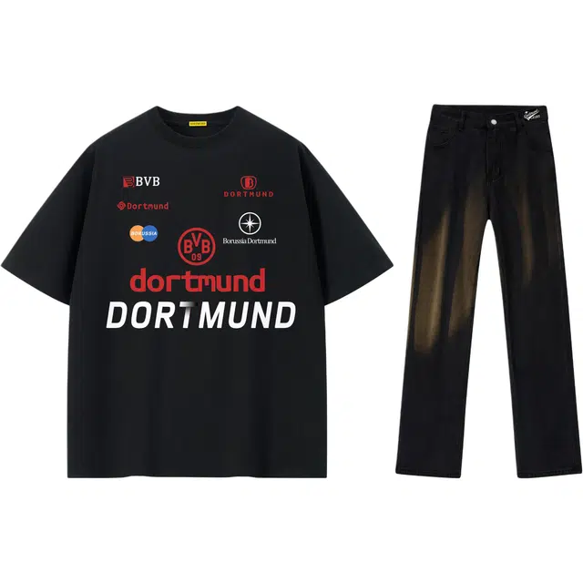 普鲁士多特蒙德 美式复古街头简约基础设计赛车风字母队徽潮牌印花宽松舒适百搭透气重磅纯棉速干运动凉感短袖中腰直筒垂顺牛仔裤套装 男女同款