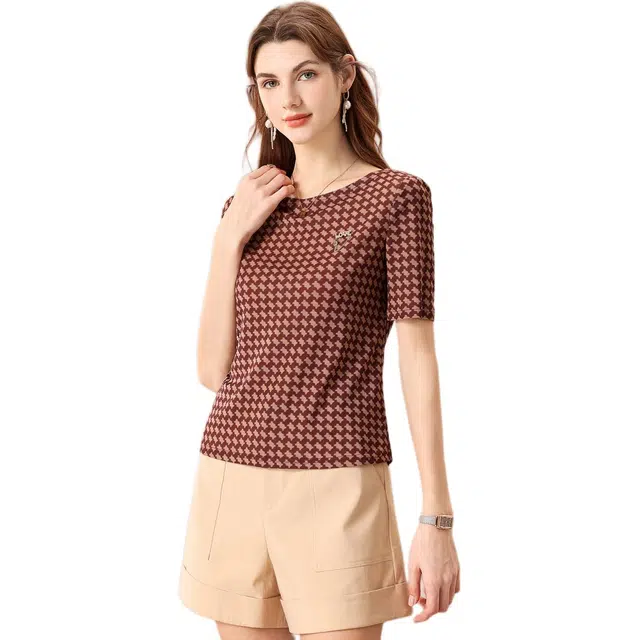 粉红玛琍 满印圆领套头舒适休闲短袖针织衫 女款 红咖