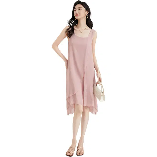 比利斯山羊 设计感宽松大码法式高级感雪纺长裙内搭显瘦遮肚子连衣裙 女款