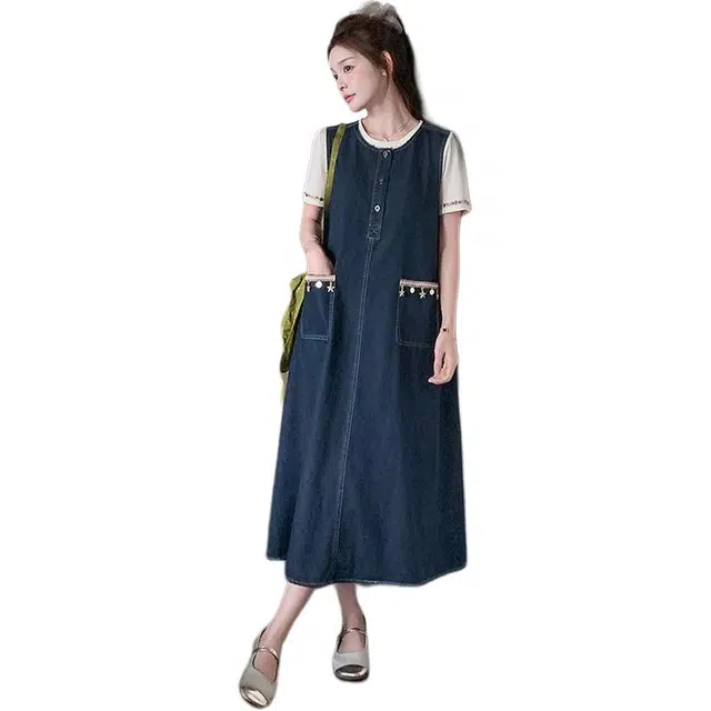 哒头下雨不愁 薄款无袖背心连衣裙配短袖上衣夏季减龄一整套穿搭裙装套装 女款