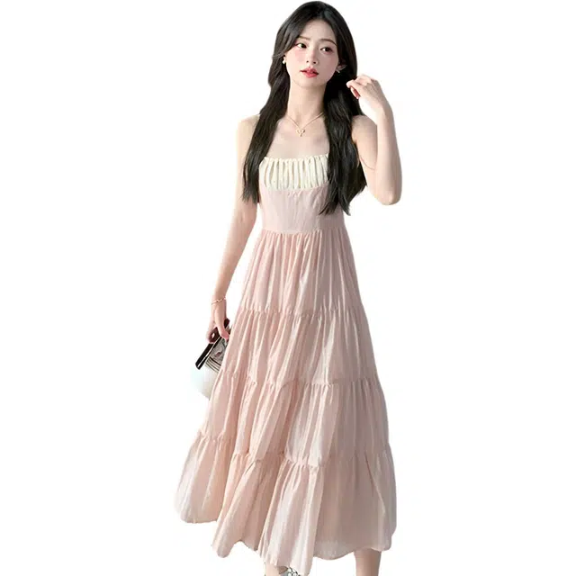 水中花 温柔浪漫长款撞色拼接优雅仙女蛋糕裙吊带连衣裙 女款