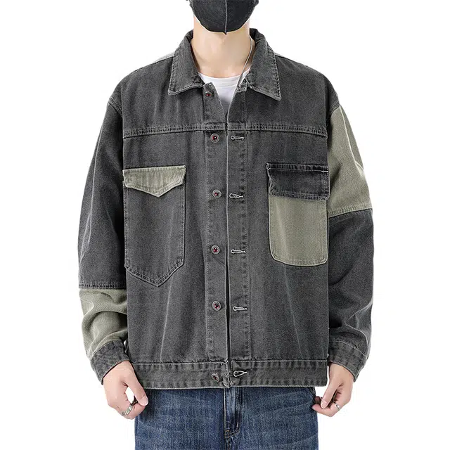 赛瀚 高街帅气水洗夹克男士时尚潮牌外搭翻领上衣服男生青少年拼色贴布简约舒适宽松休闲百搭男美式复古男牛仔外套 男女同款