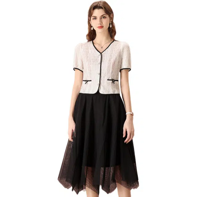 粉红玛琍 镂空短袖网纱半裙裙装套装 女款 黑白