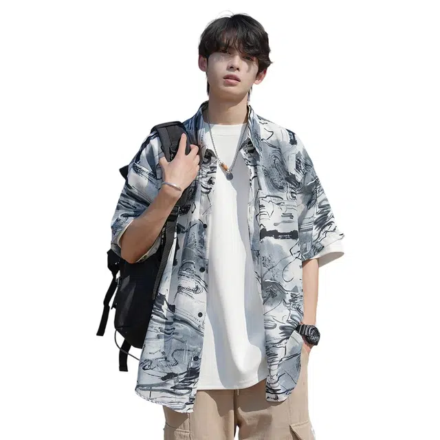 顶峰保罗 扎染冰丝短袖痞帅高级感休闲宽松无性别主义海边度假三亚夏威夷衬衣外套时尚百搭设计感大码花衬衫 男女同款