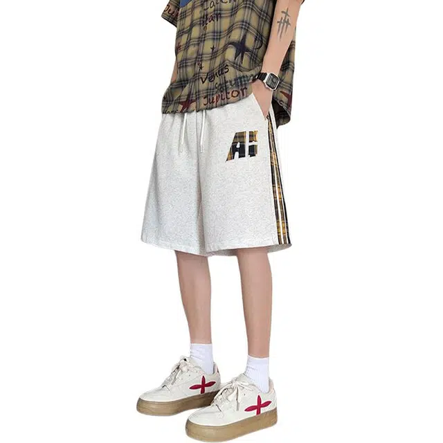 佐菲利 条纹刺绣运动外穿薄款美式宽松直筒五分卫裤潮牌裤子休闲短裤 男款