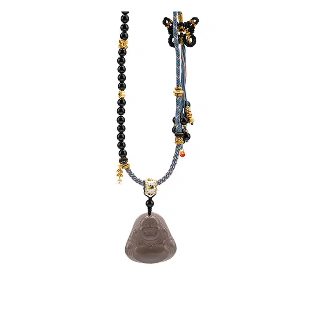 聆听花开 新中式国风弥勒佛 古风个性时尚气质百搭民族风#好运可调节 黑曜石 项链 男女同款情侣款