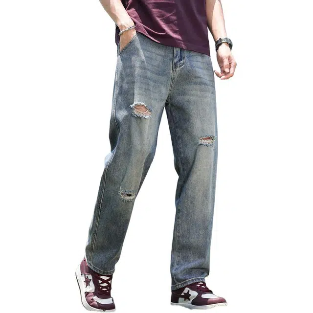 宝米卡 锥形宽松直筒潮牌水洗美式破洞时尚百搭裤子牛仔裤 男女同款