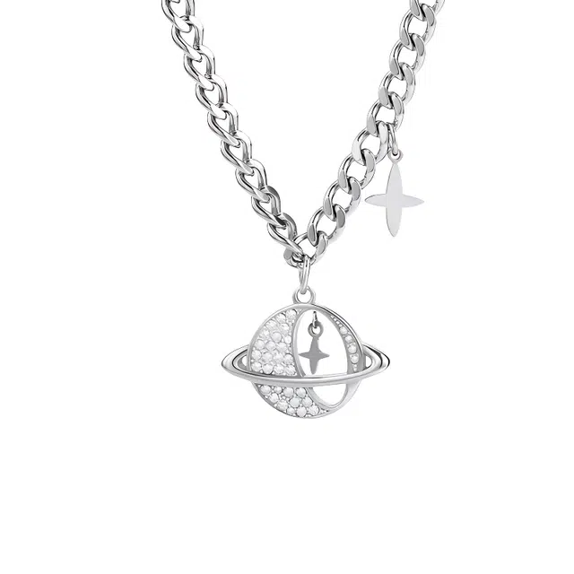 芊淑歆 星球元素镶钻潮牌嘻哈风格潮流设计星芒时尚个性拼接古巴链百搭短款 钛钢 项链 男款