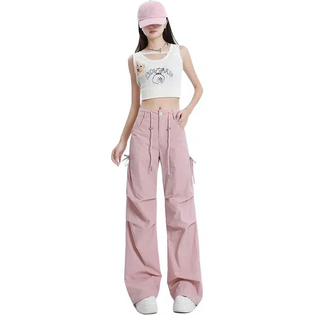 么宁 夏季速干长裤松紧抽绳高腰阔脚小个子高个子工装裤 女款