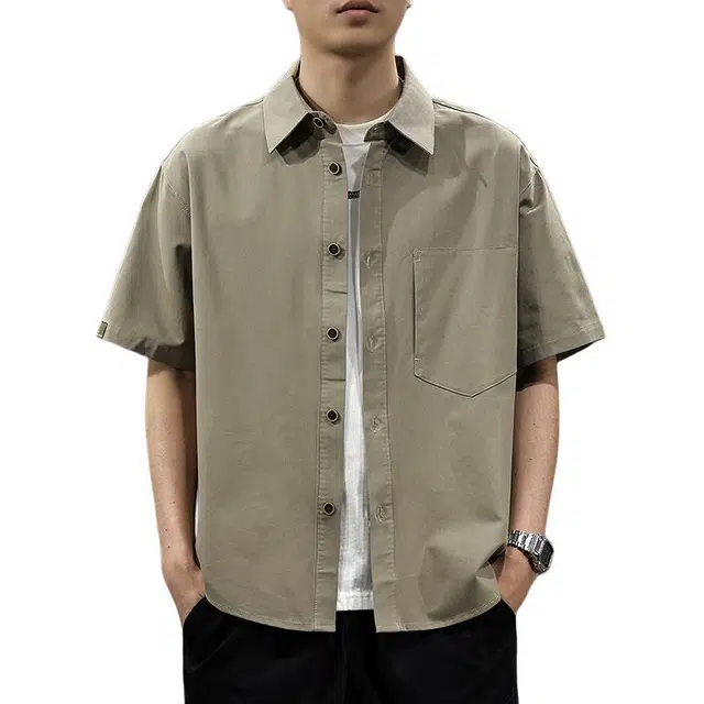 前进牛 夏季日系休闲都市时尚潮牌简约百搭宽松翻领工装美式休闲口袋透气衬衣短袖衬衫 男女同款