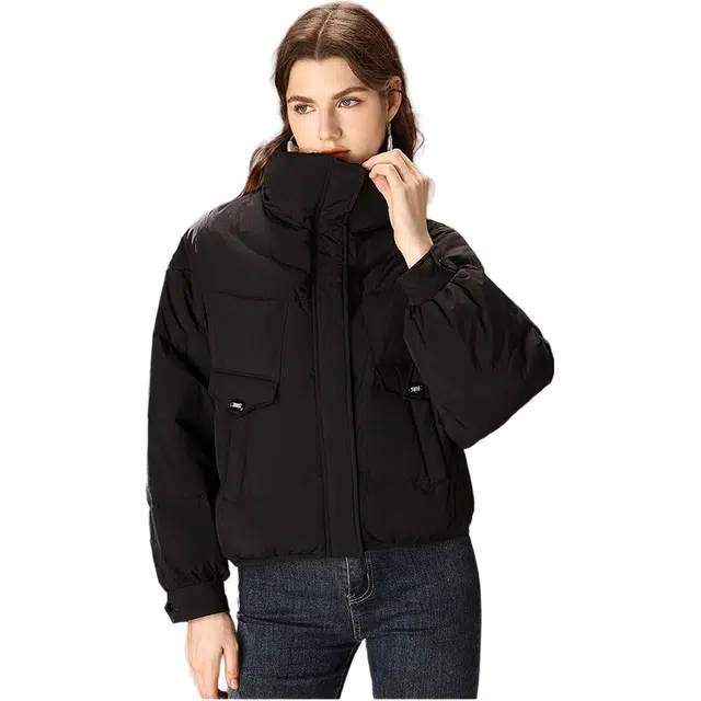 粉红玛琍 休闲立领宽松纯色羽绒服 女款 黑色