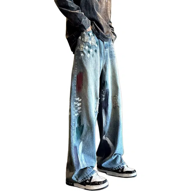 沃马 美式高街弯刀水洗涂鸦直筒刮烂破洞高级感学院风流行潮牌牛仔裤 男女同款 蓝色