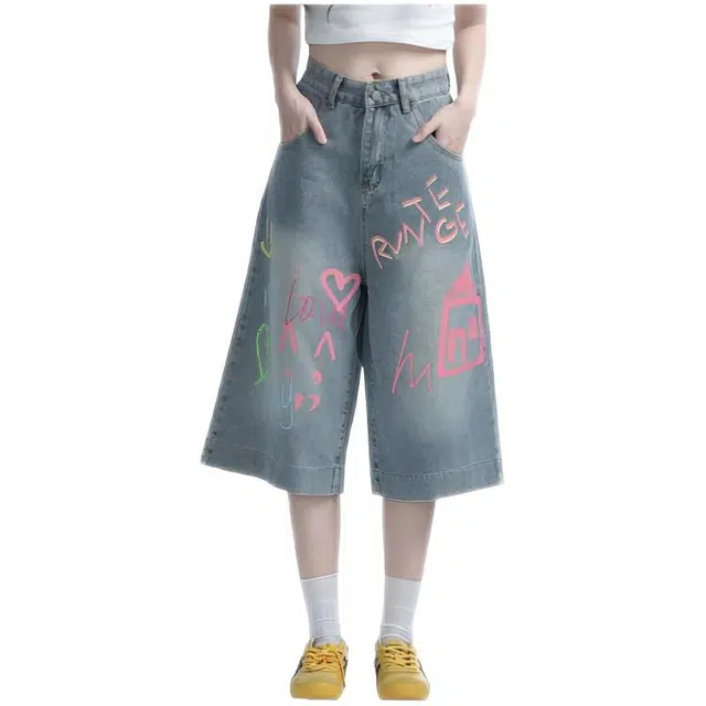 天才小熊 潮流时尚美式七分裤宽松复古百搭直筒裤牛仔短裤 女款