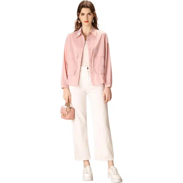 粉红玛琍 宽松纯色翻领长袖衬衫 女款 粉色