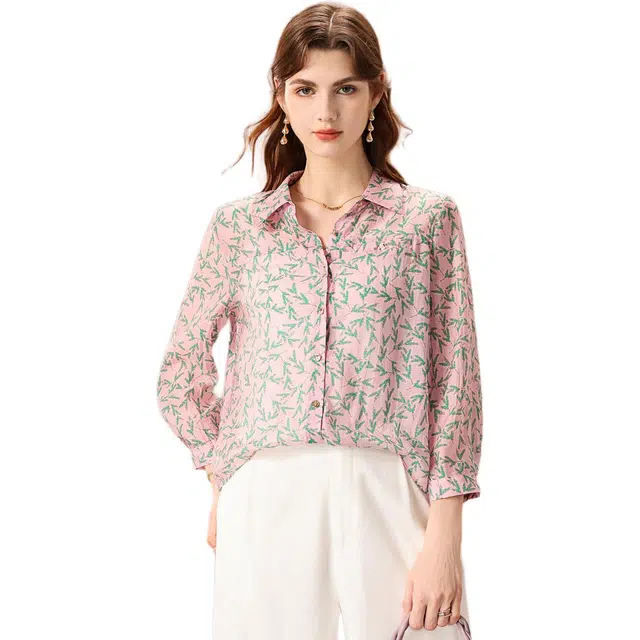 粉红玛琍 翻领宽松九分袖衬衫 女款 红花