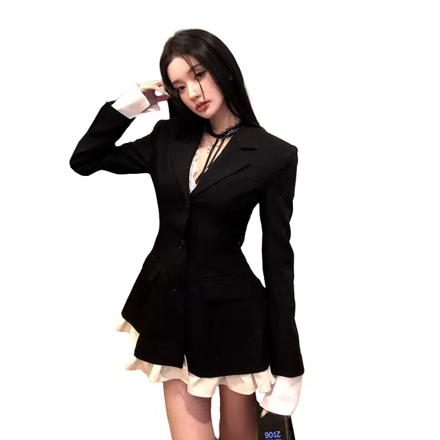 涂诗菲 名媛千金风拼接西装连衣裙内搭挂脖内搭两件套裙装套装 女款 黑色