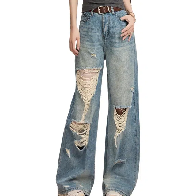 小卷要加油 美式高街直筒破洞女夏季设计感宽松显瘦阔腿裤牛仔裤 女款