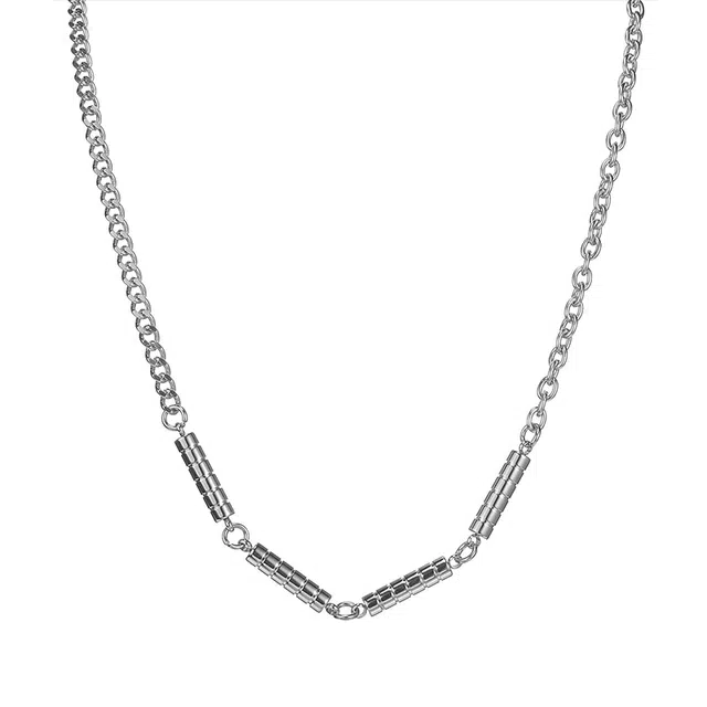 克兰茜 潮牌双节棍设计 大气素链嘻哈街头个性高级感冷淡风毛衣链 休闲通勤风配饰 钛钢 项链 男款 银色