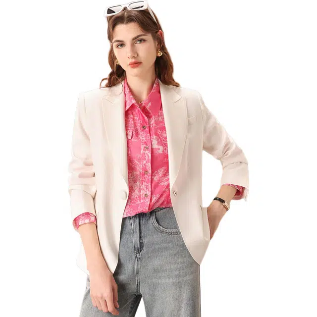 粉红玛琍 修身通勤一粒扣长袖西装 女款 白色