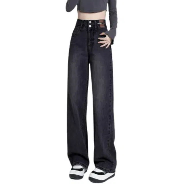 黛尔佳人 复古阔腿高腰窄版直筒裤子牛仔裤 女款