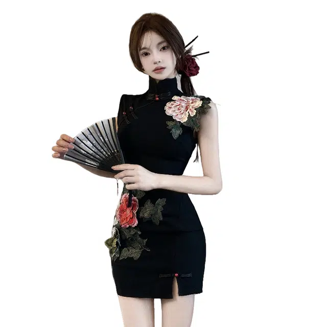 果瑱 新中式刺绣牡丹花改良旗袍精致复古甜美少女穿搭极简主义无袖连衣裙 女款