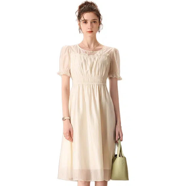 粉红玛琍 气质纯色泡泡袖高腰短袖连衣裙 女款 杏色