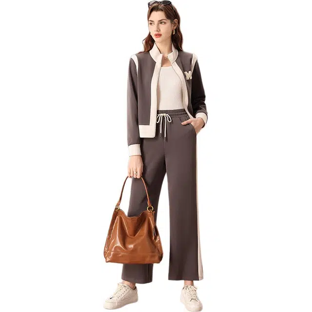 粉红玛琍 宽松立领长袖上衣拼色高腰长裤休闲套装 女款 灰色