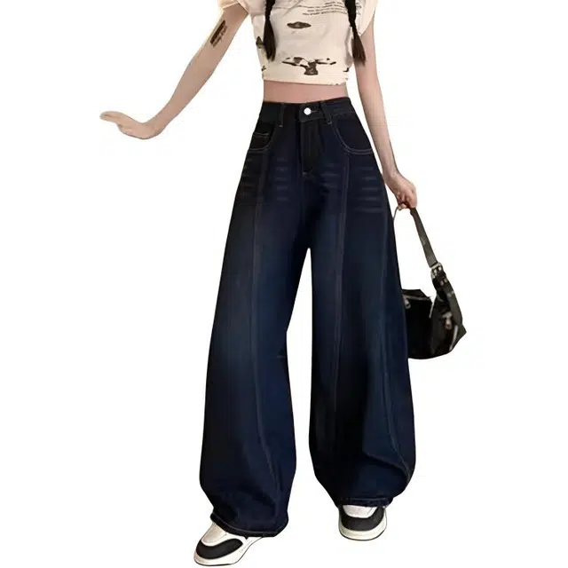 小卷要加油 美式复古字母刺绣弯刀牛仔裤男女款夏季宽松休闲潮牌解构阔腿长裤 女款