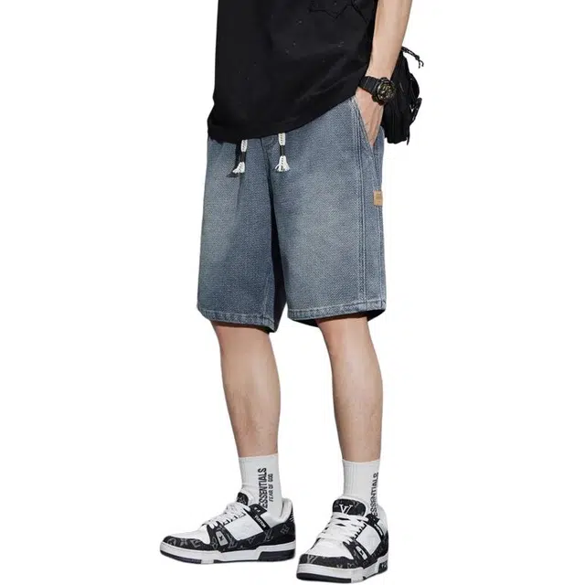 隐狼世家 薄款宽松休闲五分时尚百搭简约设计舒适复古牛仔短裤 男款