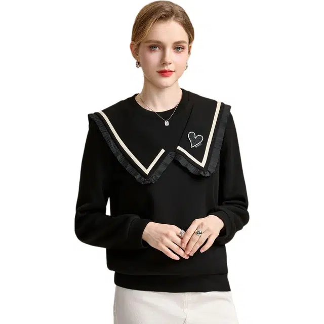 粉红玛琍 学院风套头海军领长袖卫衣 女款 黑色