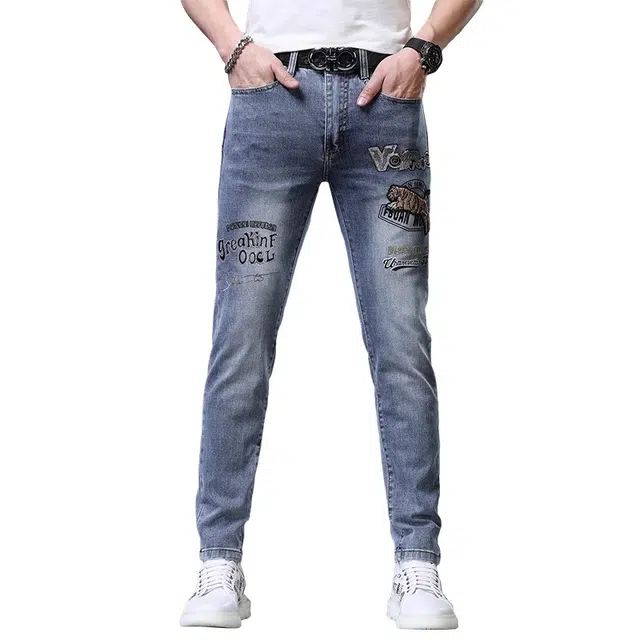 炳盛 潮牌牛仔裤薄款高端刺绣弹力修身小脚休闲百搭长裤男装 男女同款