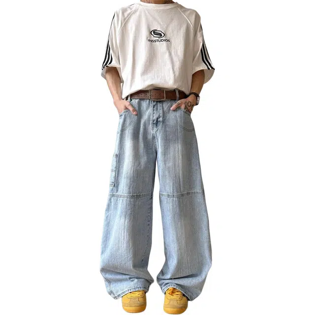 宝米卡 阔腿美式印花宽松痞帅长裤子牛仔裤 男女同款